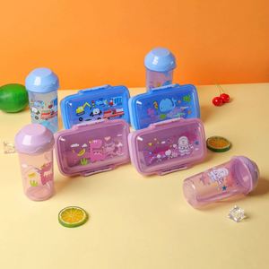 Children's Plastic <b>Lunch</b> Box Water Cup <b>Set</b> Food Grade Portable Bento Box with Tableware Solid Color - Product Image 6
