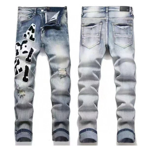 AM Foreign Trade Slim-fit Stretchy Spring Splicing Cotton Elastic Embroidery Collar <strong>Label</strong> Ripped Printed England Men's <strong>Jeans</strong> - Product Image 1