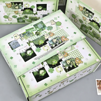 Boîte à courrier rigide en carton vert motif trèfle et ours avec sac cadeau gaufré, ensemble d'emballage imprimé de style japonais écologique