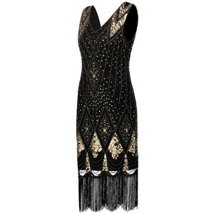 Vestido Largo Gatsby de los Años 20 con Lentejuelas y Flecos, Cuello en V, Sin Mangas, Inspirado en el Estilo <span class=keywords><strong>Charleston</strong></span>, para <span class=keywords><strong>Mujer</strong></span>, Disfraz de Fiesta Art Deco - Product Image 3