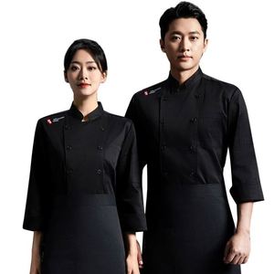 Veste de travail en lin sécurisée avec poches, tenue de cuisine noire pour chef, uniforme féminin, blouses blanches - Product Image 1