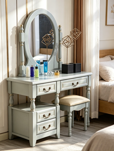 Elegant Turned Leg <b>Solid</b> <b>Wood</b> Vanity Set, 3 Drawer Oval Mirror Makeup <b>Dressing</b> <b>Table</b> With Cushioned Stool For Farmhouse Bedroom - Product Image 2