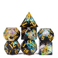 Ensemble de 7 dés polyédriques personnalisables en résine sculptée, tranchants, avec logo personnalisé noir et bleu pailleté pour Dungeons & Dragons