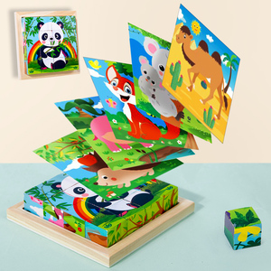 Puzzle en <span class=keywords><strong>bois</strong></span> à 6 faces Montessori, animaux, dinosaures, véhicules, jeu de correspondance de motifs, 9 blocs, puzzle éducatif pour tout-petits, jeu de réflexion - Product Image 3