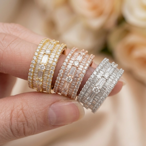 Bague en or blanc 18 carats de qualité supérieure avec diamants baguette, large, 5 rangs, pavé mosaïque, style hip-hop, bague de phalange audacieuse, cadeau haut de gamme pour femme - Product Image 5