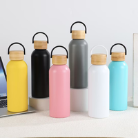 Thermos de sport d'extérieur personnalisé avec logo, en acier inoxydable, isolé sous vide, couvercle en bambou écologique avec poignée portable