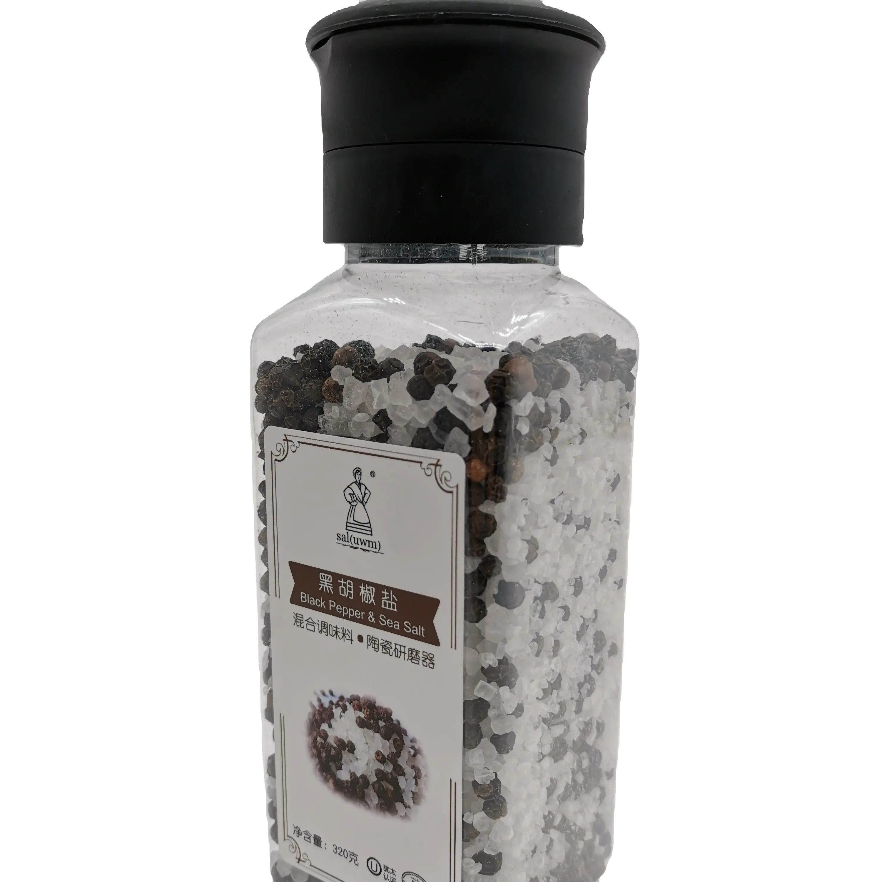Black pepper & Sea salt with ceramic grinder mixed seasoning refillable plastic/glass bottle table salt OEM available