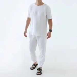 Camisa de lino y algodón para hombres, camisa de trabajo de playa, con botones, color blanco, para verano, 100%