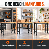 Banc de travail robuste et portable, réglable en hauteur, avec surface en acier et métal, roues et panneau perforé pour usage en garage