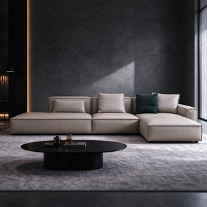 Sofá de Cuero en Forma de L de 2 y 3 Plazas, con Cojines Desmontables, Reposabrazos y Base de Perfil Bajo, Moderno, para Sala de Estar, Hotel o Villa - Product Image 1