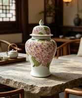 Pot à gingembre rose pâle, motif de feuilles vertes, pot de rangement en porcelaine avec couvercle