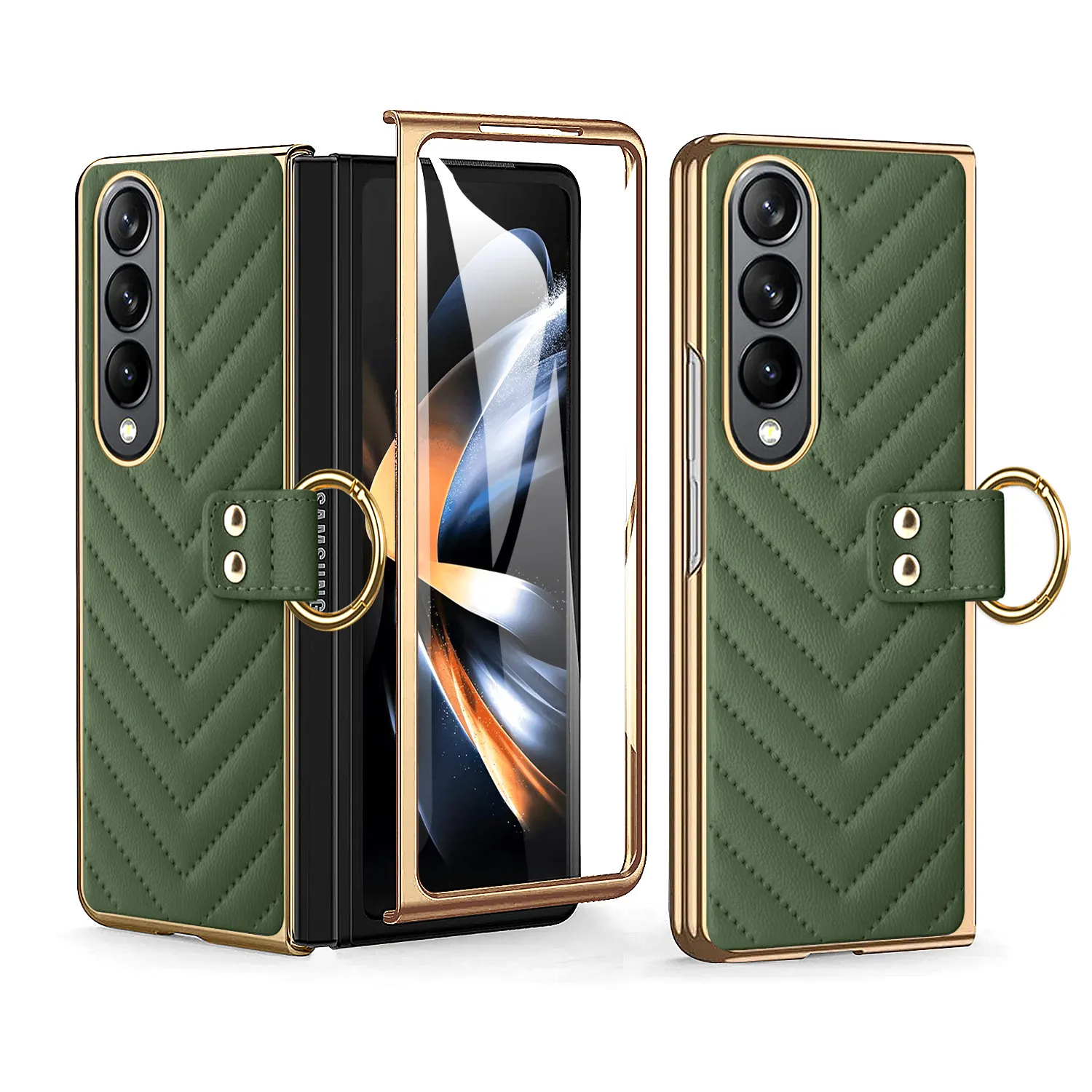 VIETAO Good Quality Leather Phone Cases with Finger Ring For Samsung Galaxy Z Fold 4 3 2 Screen Protector Mobile Phone Cover