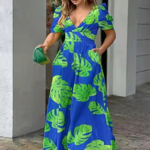 Vestido Casual de Verano para Mujer, Ecológico, 100% Poliéster, Estampado Floral Europeo Americano, Cuello en V, Manga Corta, Largo hasta el Suelo, Ajustado - Product Image 3