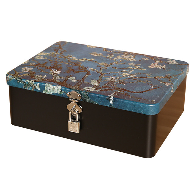 Vintage Metal Desktop Storage Box with Lock Key Empty Cosmetic Certificate Storage Household Jewelry Tinplate Engraved Design