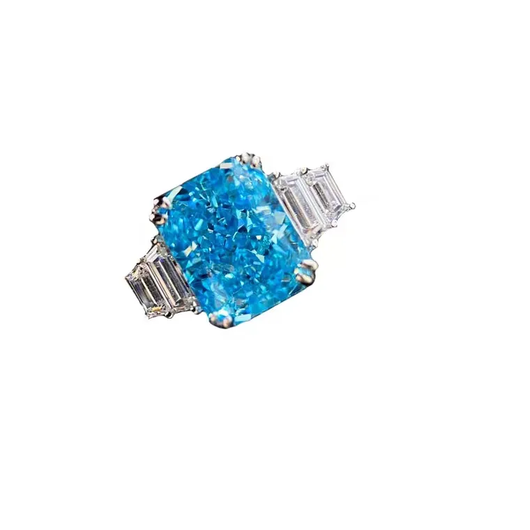 PUSHIPure 18K Emas Putih Impor Moissanite Berlian 4 Karat Putri Square Blue Diamond Wedding Ring Estetika Fashion