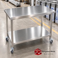 Banc de travail robuste en acier inoxydable avec roulettes, double étagère en acier inoxydable 304, table de travail mobile, fabricant sur mesure
