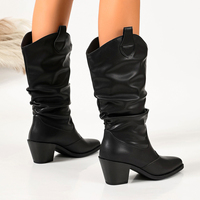 Bottes mi-mollet pour femme, mode automne, à bout pointu, talon haut, tige froncée, découpe en V, languettes de traction au talon, chaussures polyvalentes décontractées