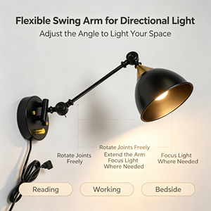 Lampada da Parete Nera Regolabile, <span class=keywords><strong>Applique</strong></span> Industriale con <span class=keywords><strong>Braccio</strong></span> Orientabile e Accenti Dorati per Camera da Letto, Studio, Ufficio - Product Image 2