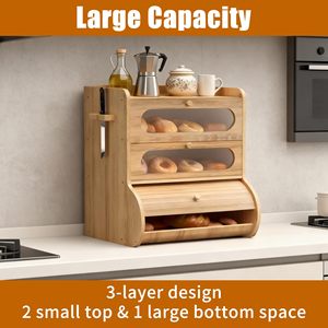 Boîte à pain en bambou 3 niveaux avec couvercle pour le rangement des aliments dans la cuisine - Product Image 2