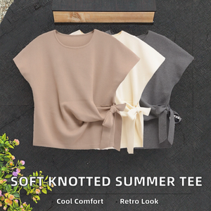 New <b>Women</b> Vintage Bow <b>Collar</b> Breathable Polyester Knitted Round Neck Short Sleeve Soft Knotted Solid Casual Summer Tops - Product Image 2