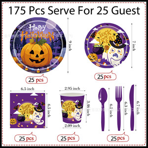 Halloween <b>Disposable</b> Tableware Set Paper <b>Plates</b> Cups Napkins Utensils Party Supplies Trick Or Treat Theme Purple Pumpkin Design - Product Image 2