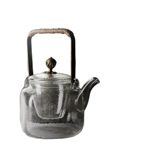 De gros thé pot brassée-Fujin — théière en verre avec infuseur et poignée en cuivre, 600ML, motif feuilles amples, pour la santé