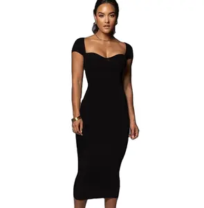 Fabriek Prijs 2022 Elegante Bodycon Boothals Zwarte Geribbelde Korte Mouw Lange Jurk Dames Avond Prom Formele Jurken Kleding