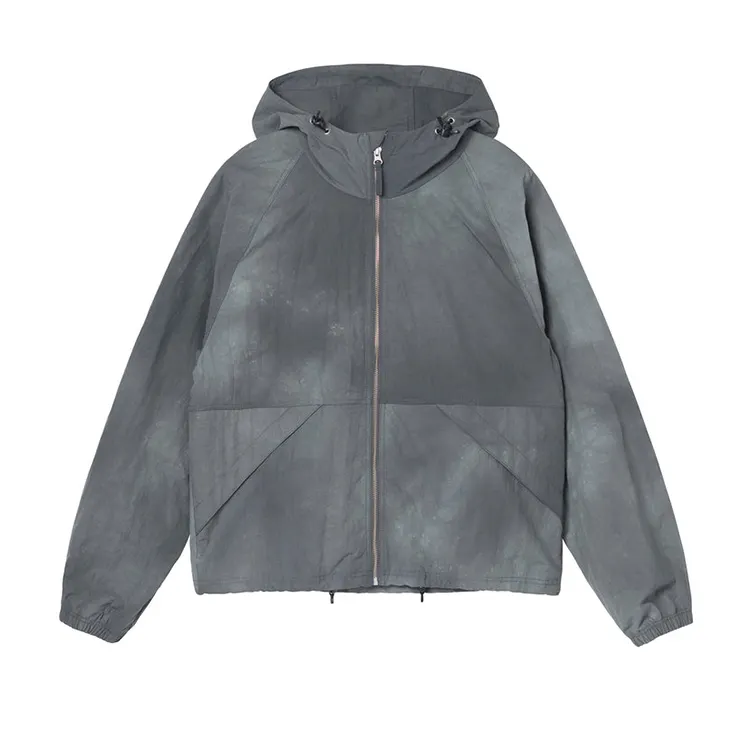 custom logo mens textured wave grey dyed beach drawstring hooded windbreaker 100% nylon jackets