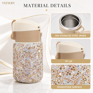 Botella de Agua Aislada al Vacío con Pedrería, Tapa Abatible y Correa de Transporte, para Mujeres, Ideal para Viajes, Oficina, Aire Libre, Regalo - Product Image 4