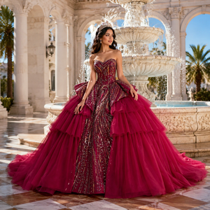 261051 Vestido de Noche Vintage Rojo Vino con Volantes, Escote Corazón, Lentejuelas de Cristal, Cintura Natural, Largo hasta el Suelo - Product Image 1
