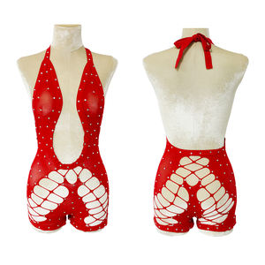 One Piece Mesh Fishnet Weibliche Strass steine Exotischer Neck holder Bad stocking Sexy Seiden strümpfe Stripper Outfits - Product Image 1