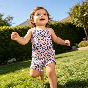 Ensemble B4 3-7 jours OEM/ODM en coton biologique pour bébé, avec bretelles, imprimé personnalisé, décontracté, sans manches, short tricoté, offre spéciale pour bébés filles - Product Image 5