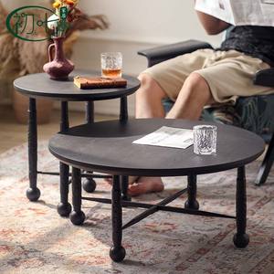 Mesa de Centro Redonda de Madera Maciza Estilo Vintage, Madera de Caucho Negra, Mesa Auxiliar Pequeña para Sala de Estar, Diseño Combinado - Product Image 2