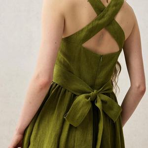 Vestido de Playa con Cinturón, Sin Mangas, Cuello con Lazo, Elegante Vestido Midi de Lino, Vestido Casual de Verano para Mujer, Precio al por Mayor - Product Image 4