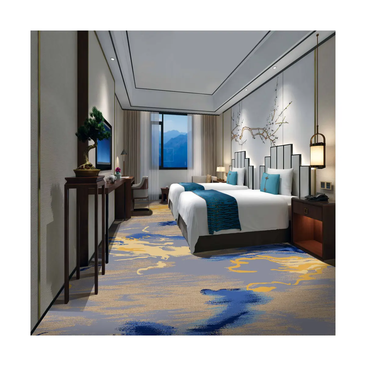 Karpet Muslim ubin nilon 20% pemasok Tiongkok untuk karpet mewah Hotel bintang 5 ke dinding 3D dicetak