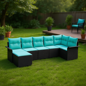 Set di divani da giardino in polyrattan nero da 7 pezzi con cuscini, mobili da esterno dal design contemporaneo - Product Image 2