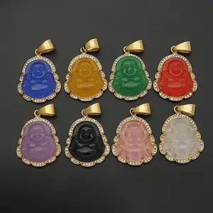 Aço inoxidável Cristal Borda Buda Pingente Colar Multi Color Natural Jade Religioso Maitreya Jade Pingente Buda Colar