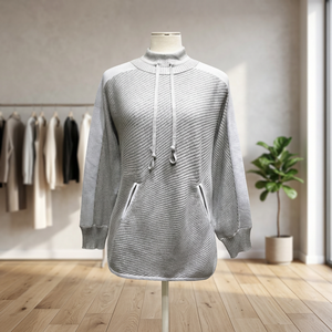 Elegant Customized Oblique Rib Knit Women's <b>Hoody</b> Turtleneck Long Sleeve Front Logo Winter Sweater <b>Thin</b> Cotton/Rayon/Nylon 12GG - Product Image 3