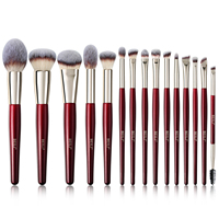 Ensemble de pinceaux de maquillage vegan de luxe, 15 pièces, manche en bois rouge bordeaux, personnalisation, pinceaux pour fond de teint, poudre, blush, marque privée
