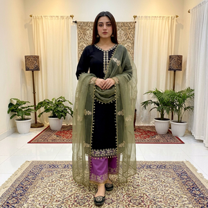Women's Black And Purple Embroidered Salwar Suit With Green Dupatta Traditional Indian Pakistani Style Ankle-Length Regular Fit - Product Image 1