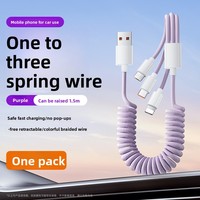 Câble de données à ressort trois-en-un Super Fast 3A Charging Retractable Mobile Phone One-To-Three Micro-USB TPE Cable