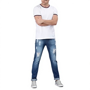 T-shirt blanc à manches courtes pour homme avec bordure contrastée, col rond, coupe ajustée, jersey décontracté - Product Image 1