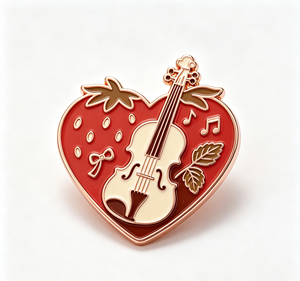 Pin de esmalte de violín musical con forma de corazón y fresa, chapado en oro, de aleación de zinc, temática de San Valentín, artesanía metálica - Product Image 1