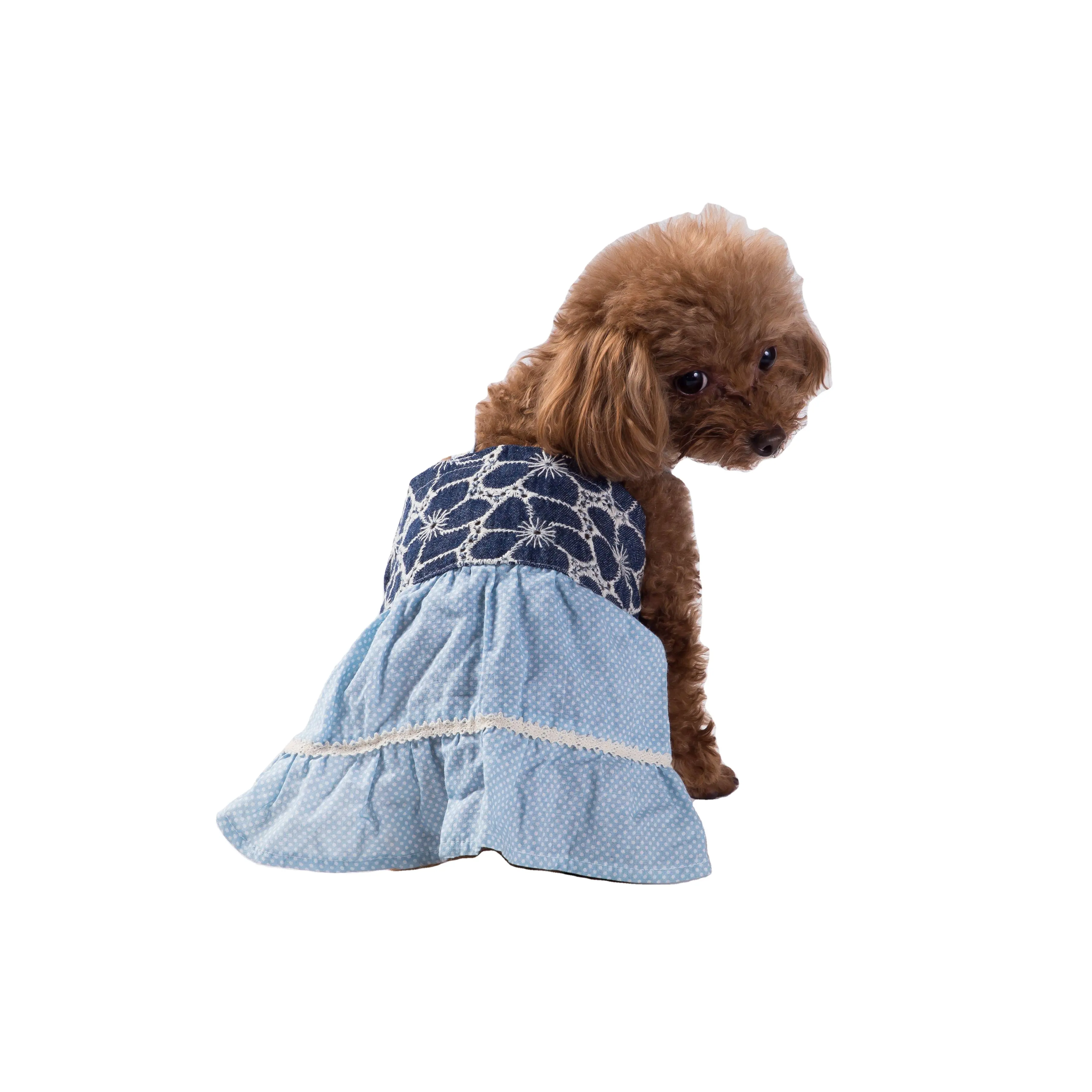 Schattige Mode Aanpasbare Teddy Hondenjurk Met Strik Blauwe Denim Dierenjurk