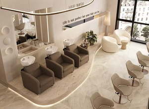 Conception personnalisée de salon de coiffure moderne, aménagement personnalisé de salon de barbier, poste de coiffage en bois avec miroir - Product Image 4