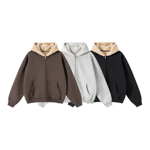 Sudadera con capucha de 500g para hombre, sudadera cálida de tela de felpa compuesta, sudadera con cremallera de calle de gran tamaño para invierno - Product Image 5