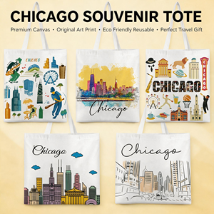 Sac de courses réutilisable en toile Paterr personnalisable sur le thème de la ville de Chicago - Taille moyenne, longue poignée, souvenir de voyage pour femme - Product Image 2