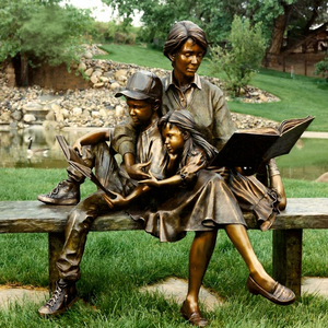 Patung Taman Perunggu Ukuran Asli Anak-anak dan Wanita Membaca Buku Duduk di Bangku - Product Image 1