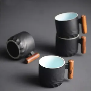 Tazza <span class=keywords><strong>da</strong></span> Caffè in Ceramica Blu con Manico in Legno Retrò, Tazza <span class=keywords><strong>da</strong></span> Tè con Filtro, Tazza per Acqua <span class=keywords><strong>da</strong></span> Ufficio, Tazza <span class=keywords><strong>da</strong></span> Caffè con Smalto Sfumato in Tinta Unita - Product Image 4