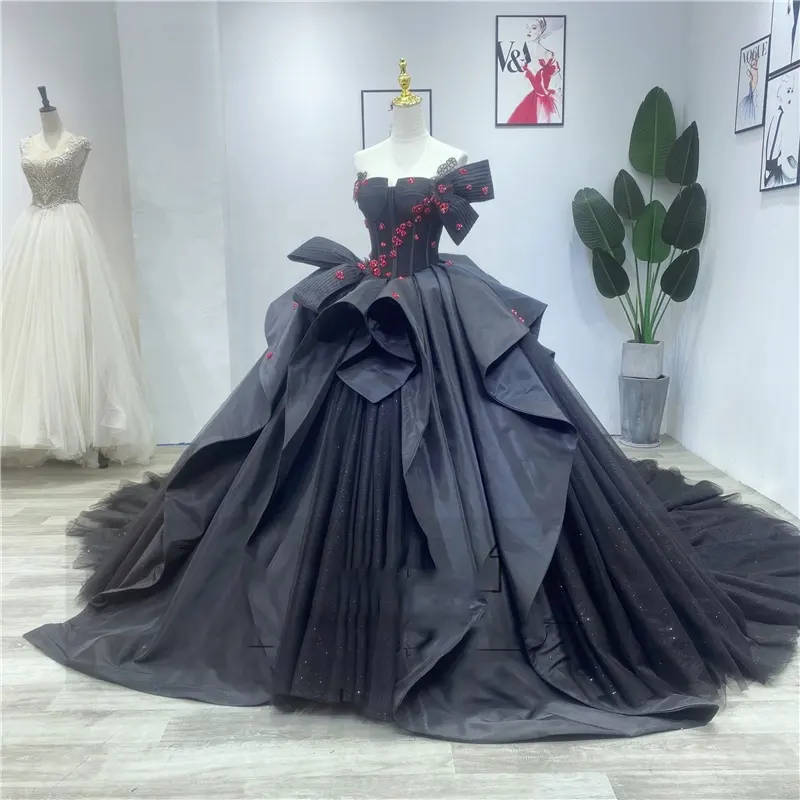 Lsxy27 2022 New Ladies Sweetheart Prom Dress Wedding Dress 3D Flower Crystal Beaded Wedding Dress Black